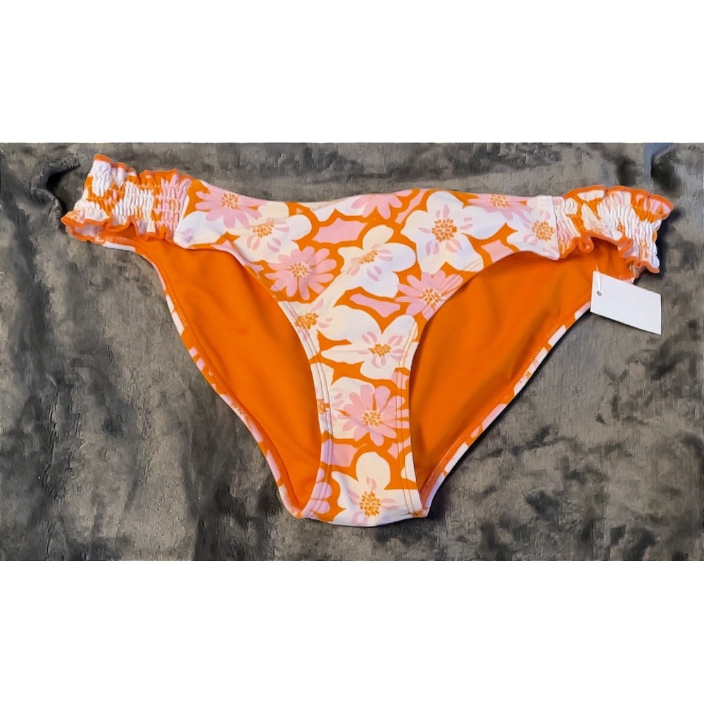 HEAT Swimwear Orange Pink Floral Smocked Side Bikini Bottoms XL NWT